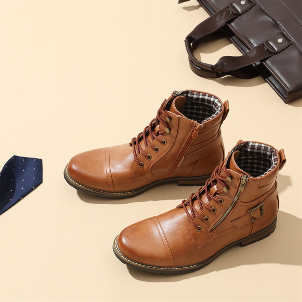 Men's Side Zipper Motorcycle Combat Boots - BROWN - 1